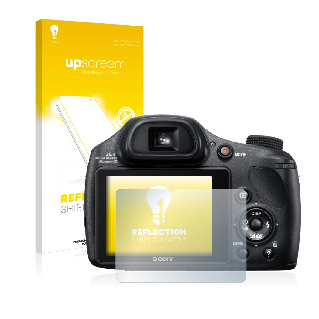 Face avant d’un emballage produit avec le logo de la marque upscreen. À côté, l’appareil Sony Cyber-Shot DSC-HX350 est représe