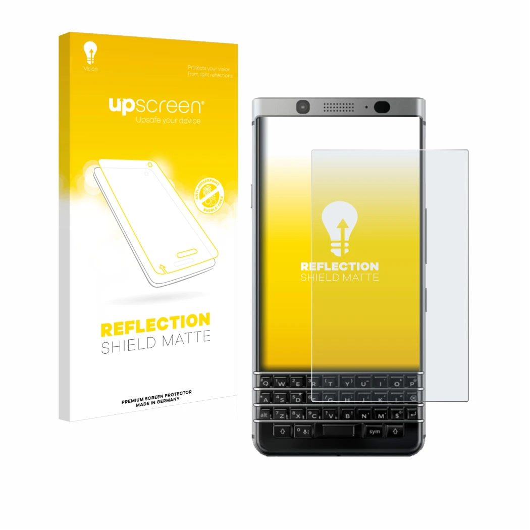 Face avant d’un emballage produit avec le logo de la marque upscreen. À côté, l’appareil BlackBerry Keyone est représenté avec