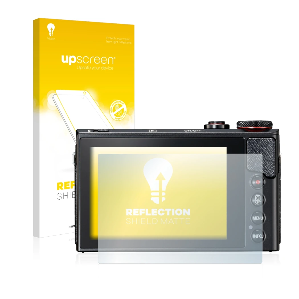 Face avant d’un emballage produit avec le logo de la marque upscreen. À côté, l’appareil Canon PowerShot G9 X Mark II est repr