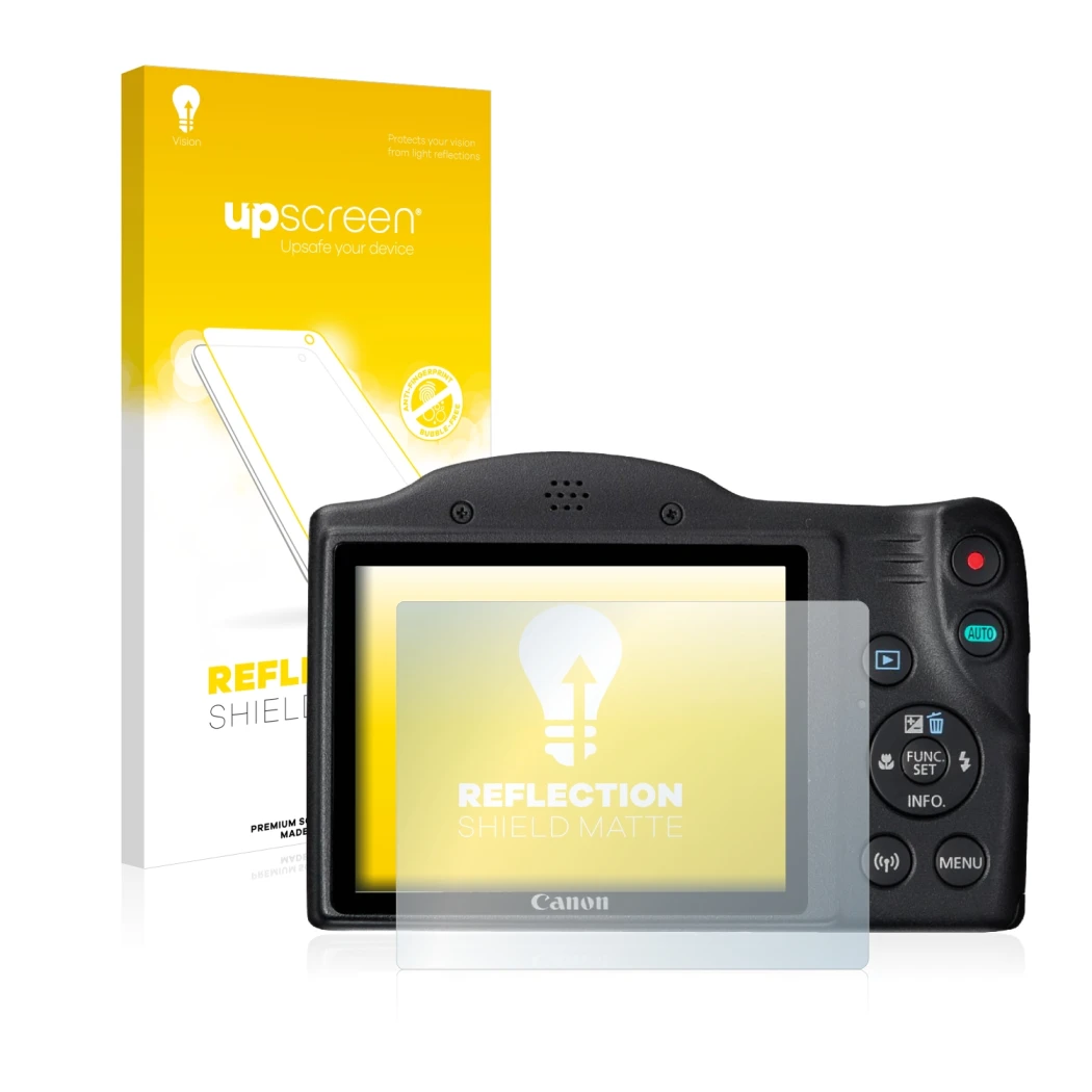 Face avant d’un emballage produit avec le logo de la marque upscreen. À côté, l’appareil Canon PowerShot SX430 IS est représen