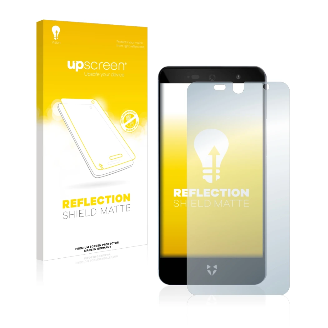 Face avant d’un emballage produit avec le logo de la marque upscreen. À côté, l’appareil Wileyfox Swift 2X est représenté avec