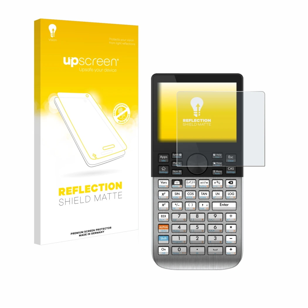 Face avant d’un emballage produit avec le logo de la marque upscreen. À côté, l’appareil HP Prime est représenté avec la prote