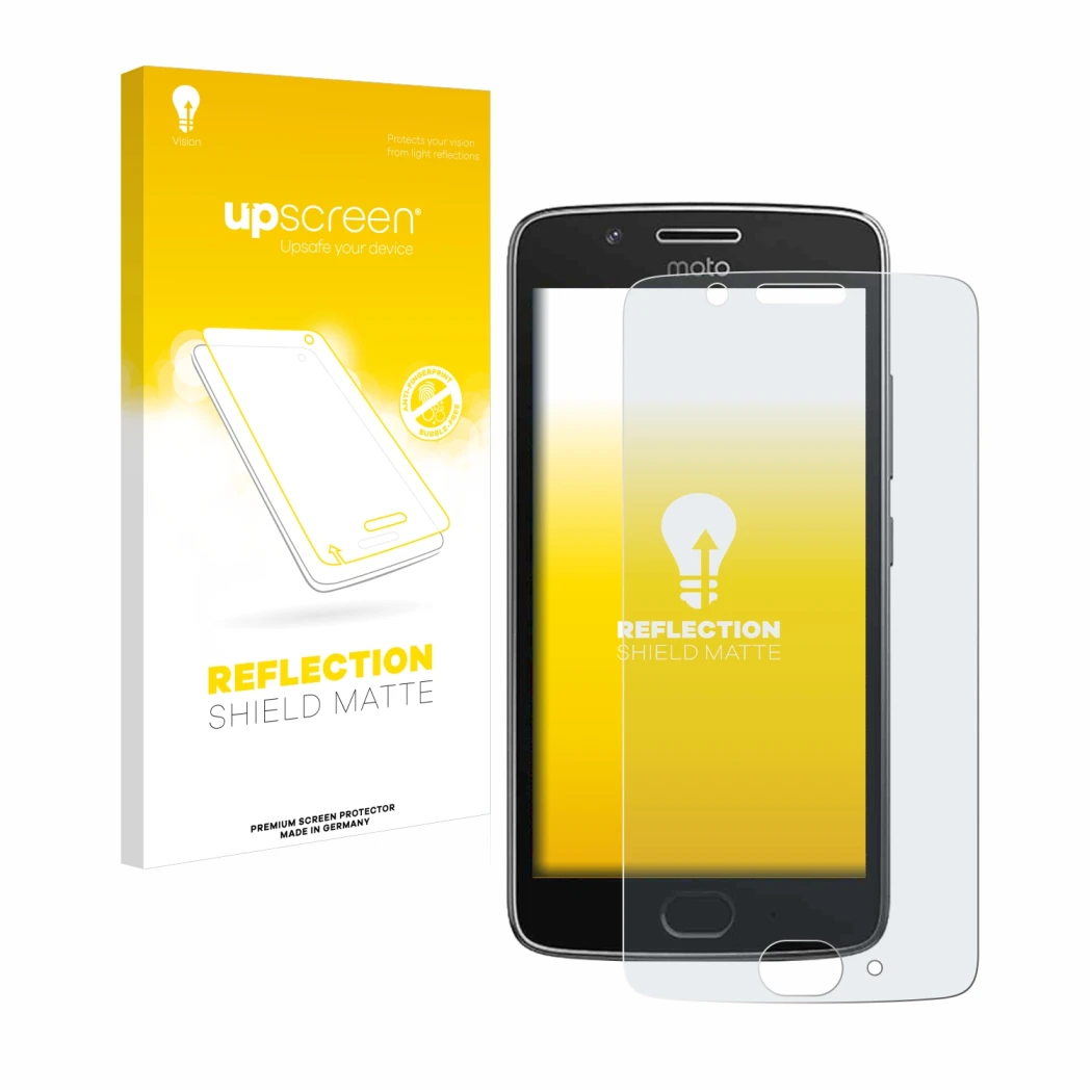Face avant d’un emballage produit avec le logo de la marque upscreen. À côté, l’appareil Motorola Moto G5 est représenté avec