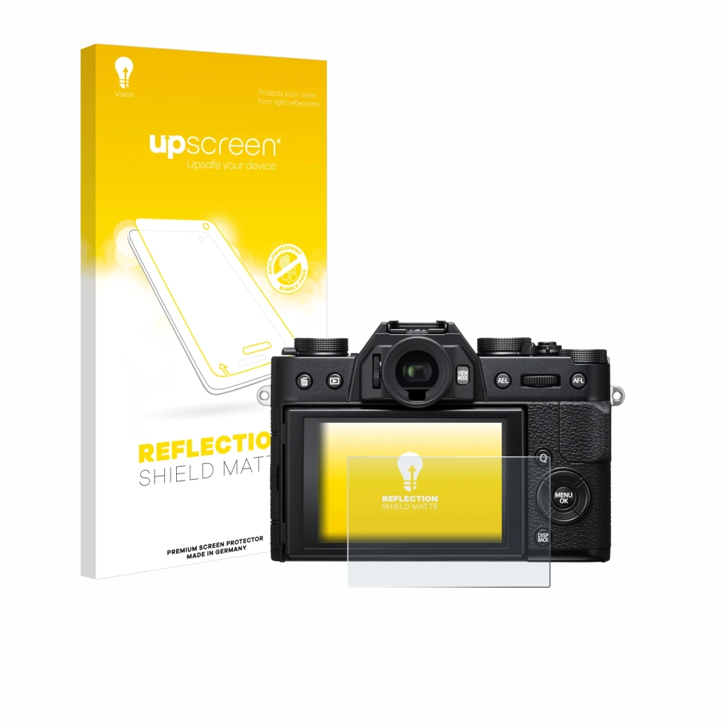 Face avant d’un emballage produit avec le logo de la marque upscreen. À côté, l’appareil Fujifilm X-T20 est représenté avec la