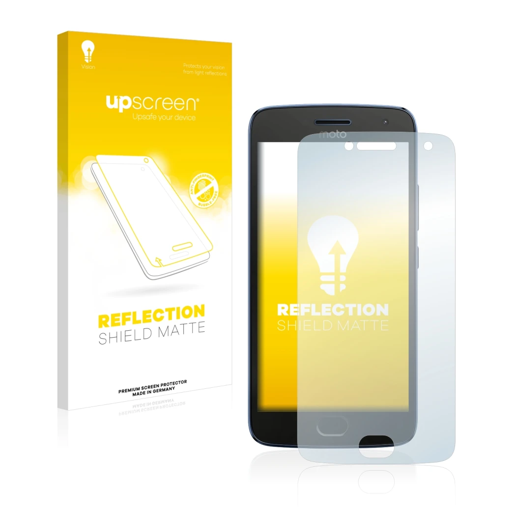 Face avant d’un emballage produit avec le logo de la marque upscreen. À côté, l’appareil Motorola Moto G5 Plus est représenté