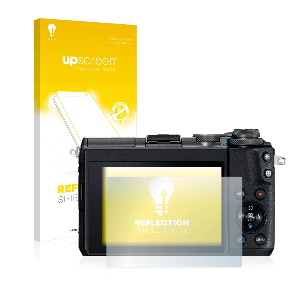 Face avant d’un emballage produit avec le logo de la marque upscreen. À côté, l’appareil Canon EOS M6 est représenté avec la p