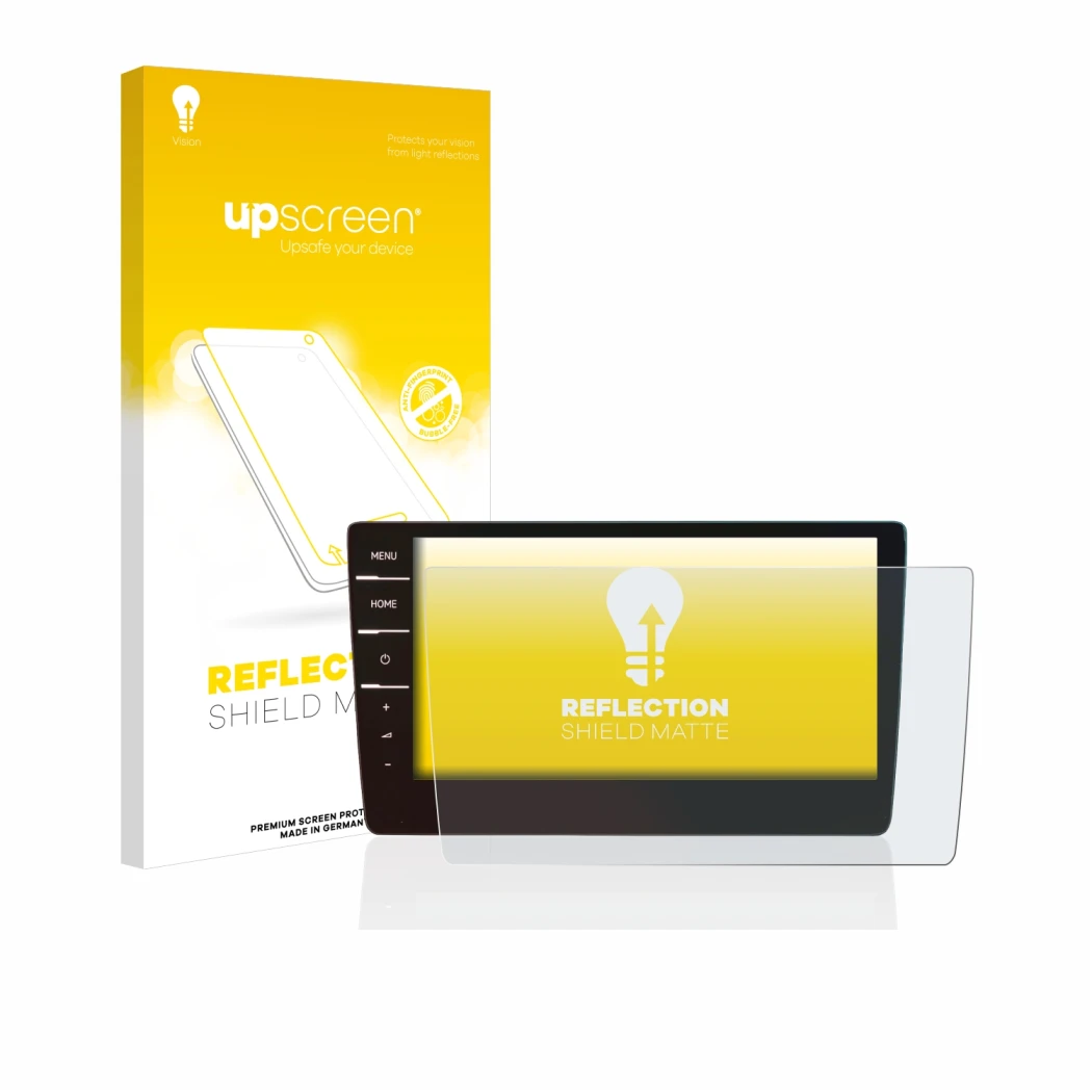 Face avant d’un emballage produit avec le logo de la marque upscreen. À côté, l’appareil Volkswagen Golf 7 Discover Pro 9.2