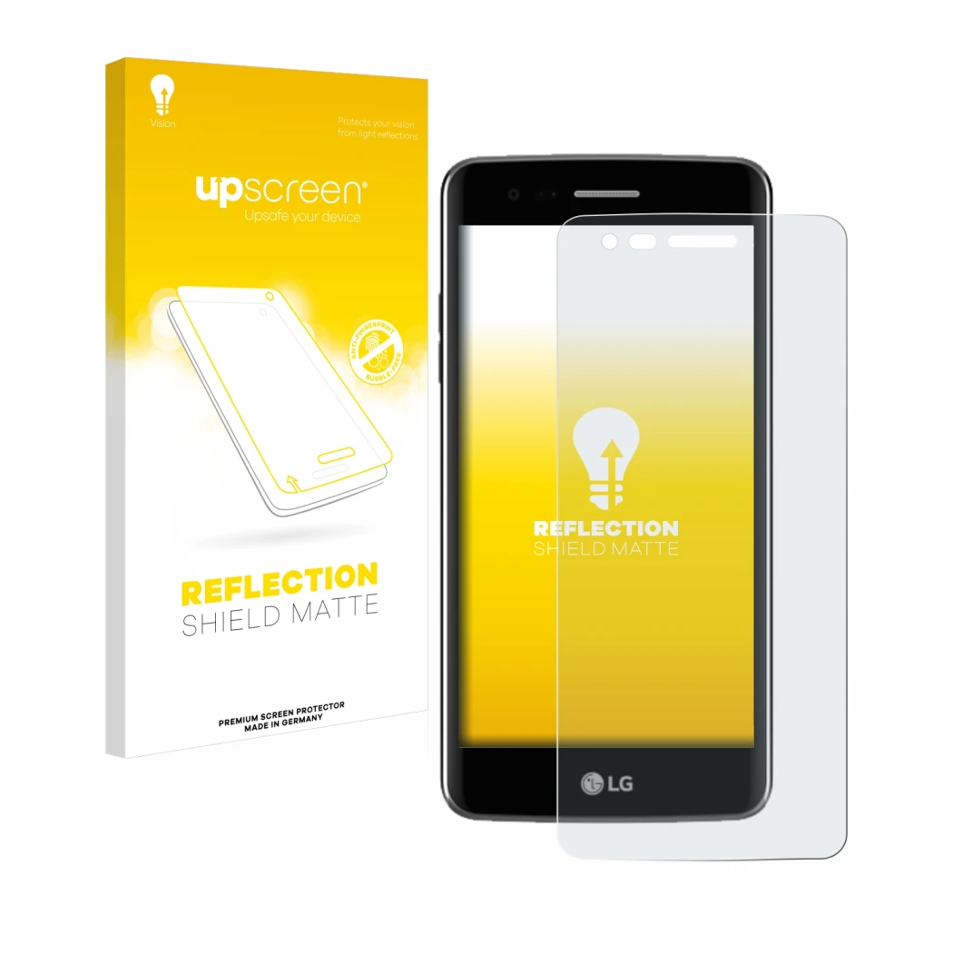 Face avant d’un emballage produit avec le logo de la marque upscreen. À côté, l’appareil LG K8 2017 est représenté avec la pro