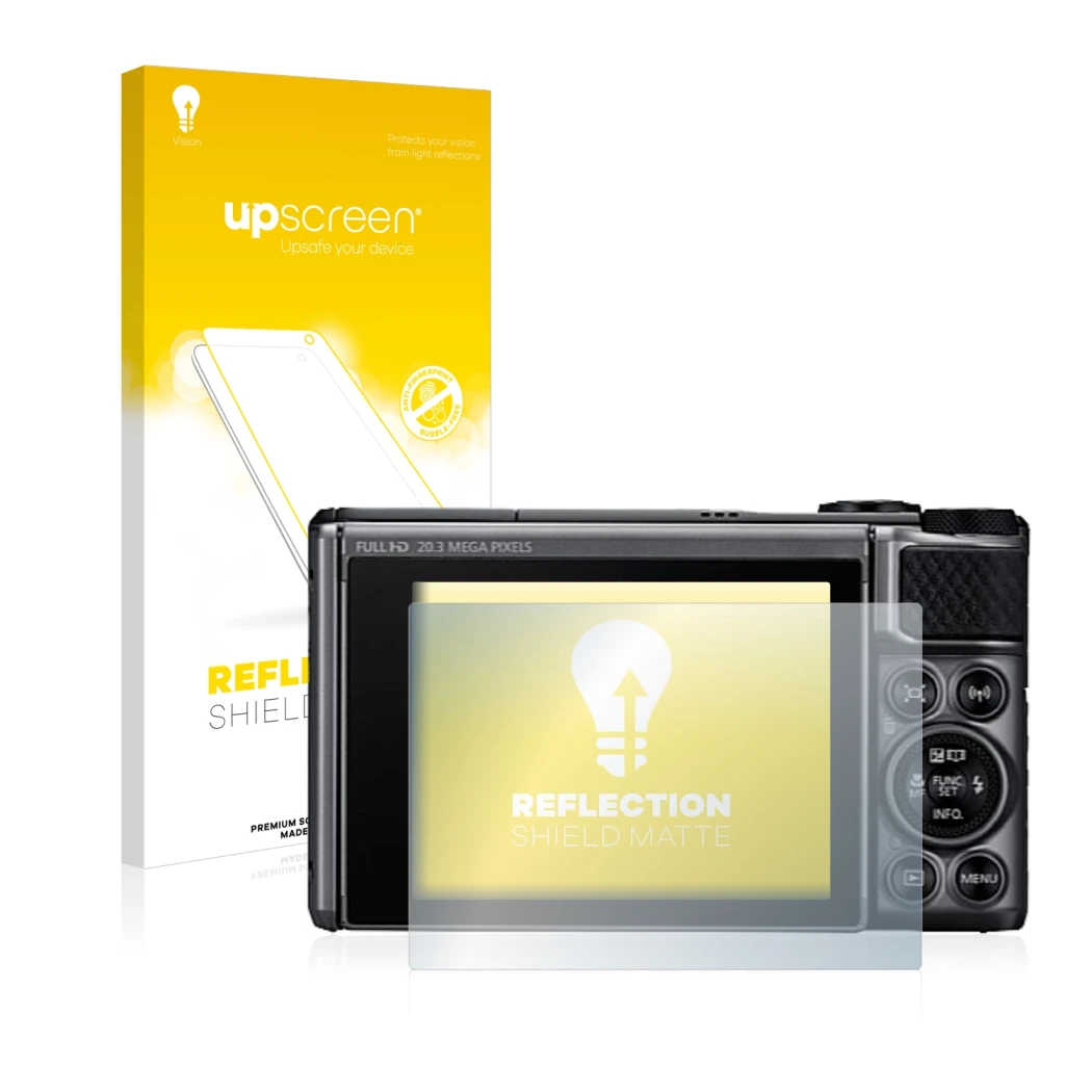 Face avant d’un emballage produit avec le logo de la marque upscreen. À côté, l’appareil Canon PowerShot SX730 HS est représen