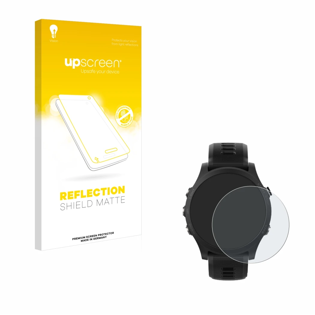 Face avant d’un emballage produit avec le logo de la marque upscreen. À côté, l’appareil Garmin Forerunner 935 est représenté