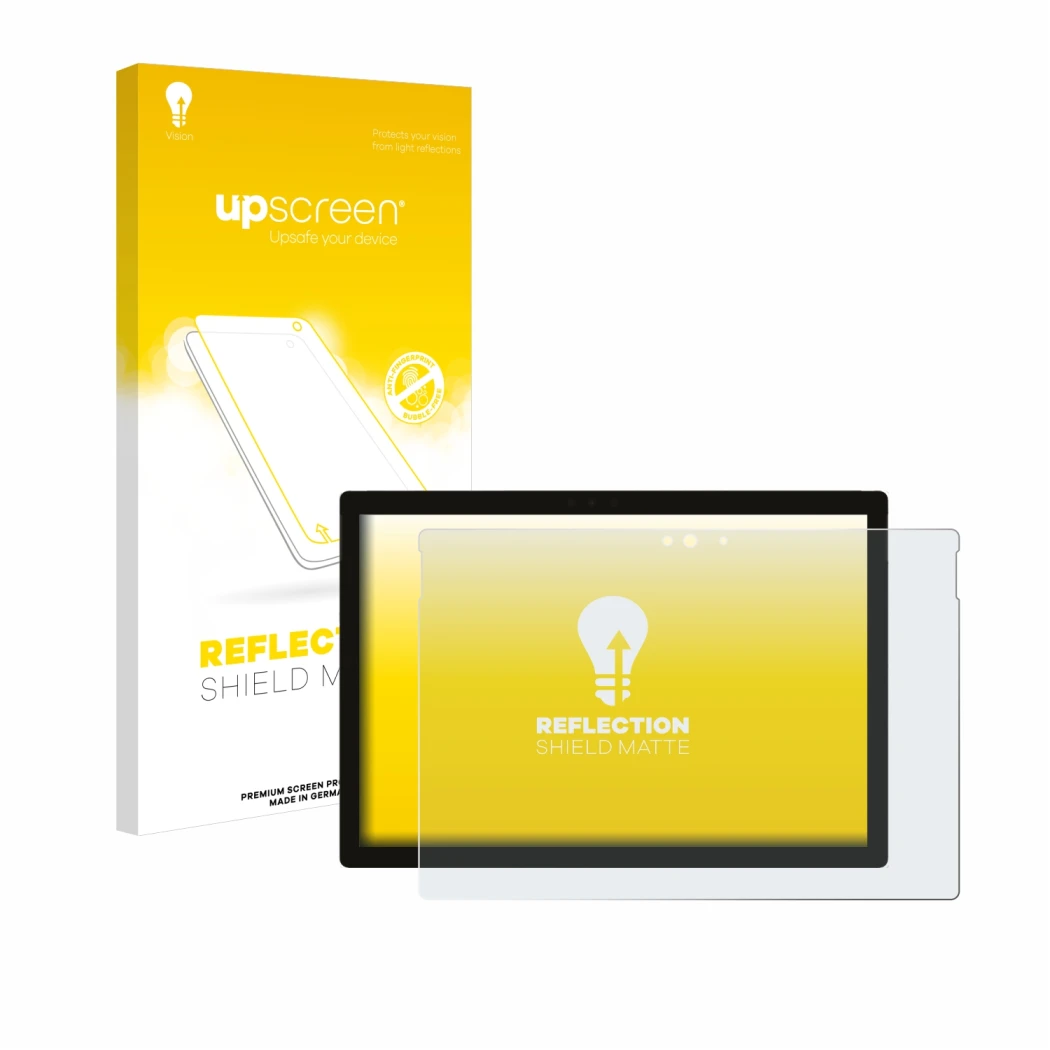 Face avant d’un emballage produit avec le logo de la marque upscreen. À côté, l’appareil Microsoft Surface Pro 5 2017 est repr