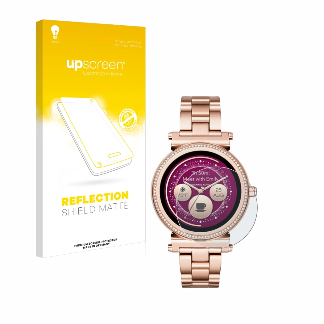 Face avant d’un emballage produit avec le logo de la marque upscreen. À côté, l’appareil Michael Kors Access Sofie est représe