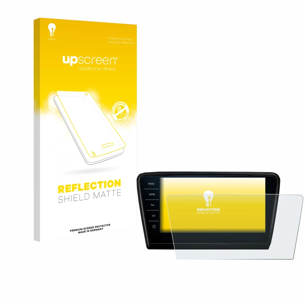 Face avant d’un emballage produit avec le logo de la marque upscreen. À côté, l’appareil Skoda Octavia 2017 Infotainment Syste