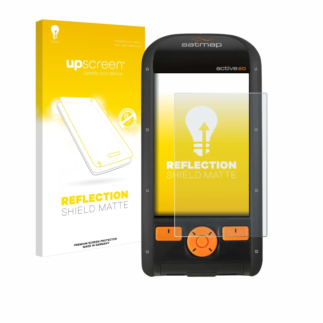 Face avant d’un emballage produit avec le logo de la marque upscreen. À côté, l’appareil Satmap Active 20 est représenté avec 