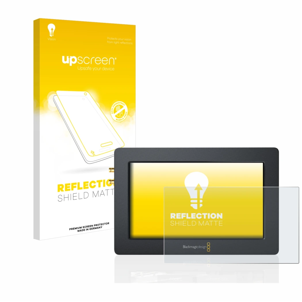 Face avant d’un emballage produit avec le logo de la marque upscreen. À côté, l’appareil Blackmagic Design Video Assist (5.0) 