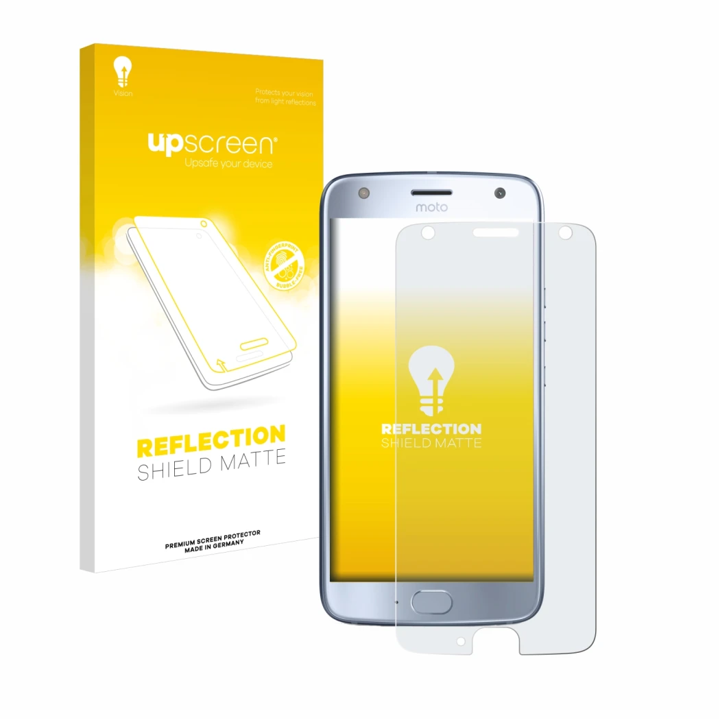 Face avant d’un emballage produit avec le logo de la marque upscreen. À côté, l’appareil Motorola Moto X4 est représenté avec