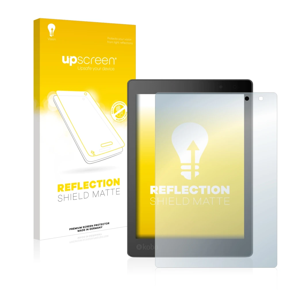 Face avant d’un emballage produit avec le logo de la marque upscreen. À côté, l’appareil Kobo Aura One est représenté avec la