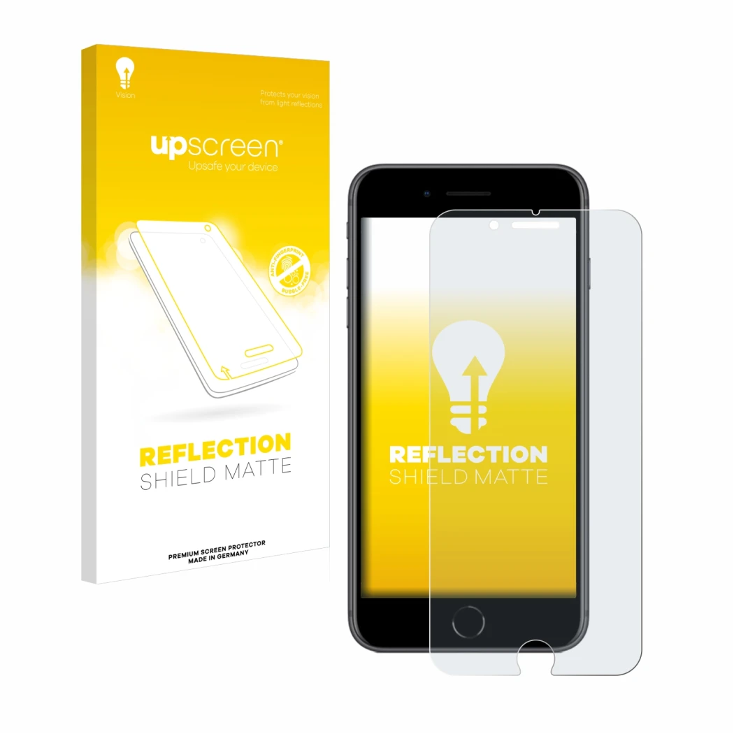 Face avant d’un emballage produit avec le logo de la marque upscreen. À côté, l’appareil Apple iPhone 8 Plus est représenté av