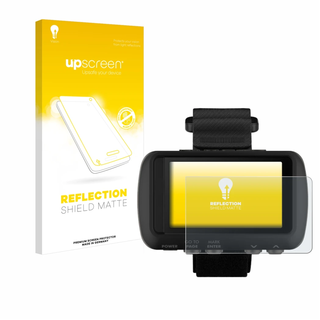 Face avant d’un emballage produit avec le logo de la marque upscreen. À côté, l’appareil Garmin Foretrex 601 est représenté av