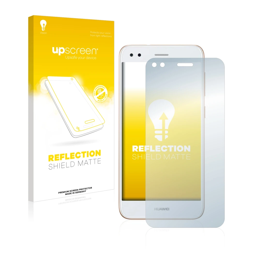 Face avant d’un emballage produit avec le logo de la marque upscreen. À côté, l’appareil Huawei P9 Lite Mini est représenté av