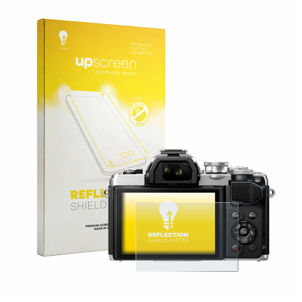 Face avant d’un emballage produit avec le logo de la marque upscreen. À côté, l’appareil Olympus OM-D E-M10 Mark III est repré