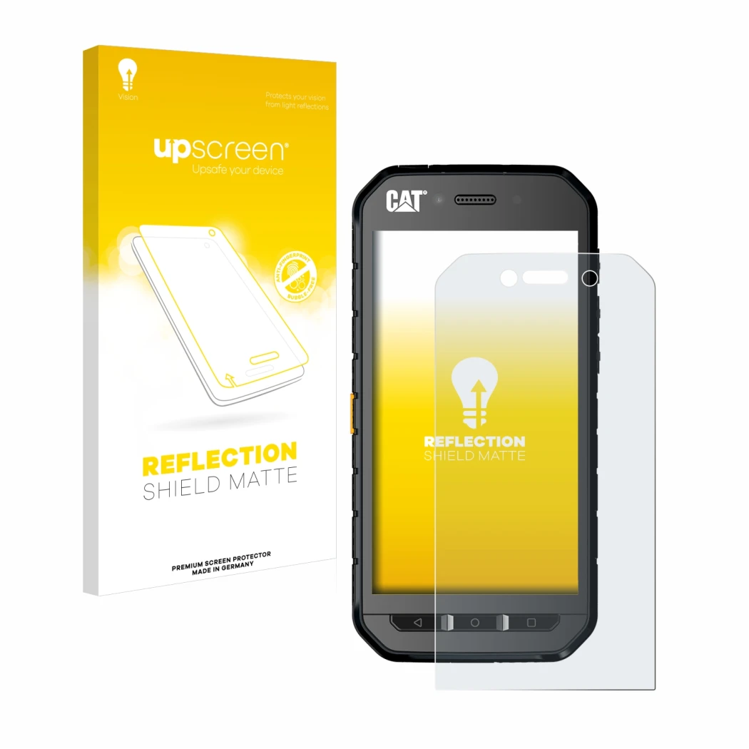 Face avant d’un emballage produit avec le logo de la marque upscreen. À côté, l’appareil Caterpillar Cat S41 est représenté av