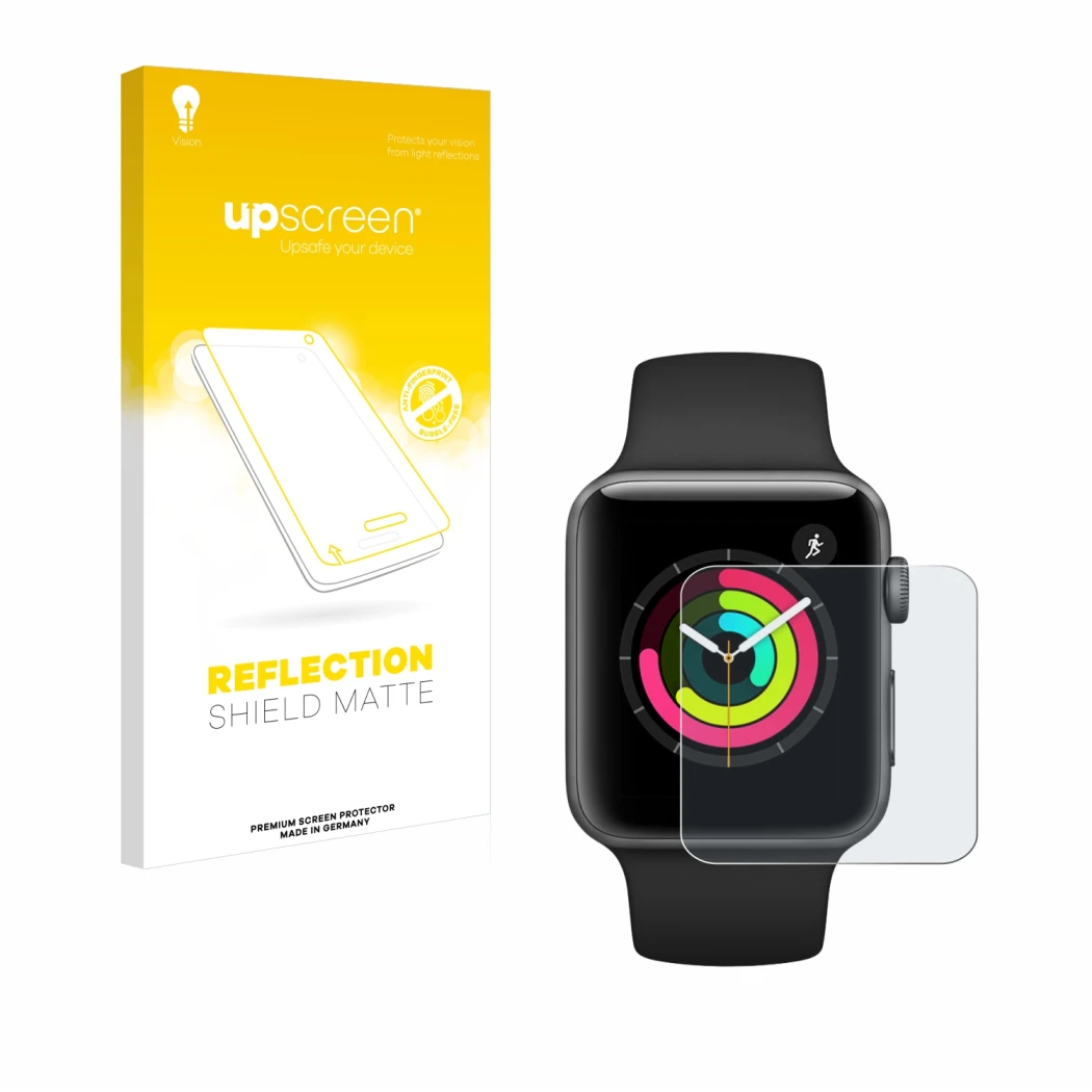 Face avant d’un emballage produit avec le logo de la marque upscreen. À côté, l’appareil Apple Watch Series 3 (42 mm) est repr