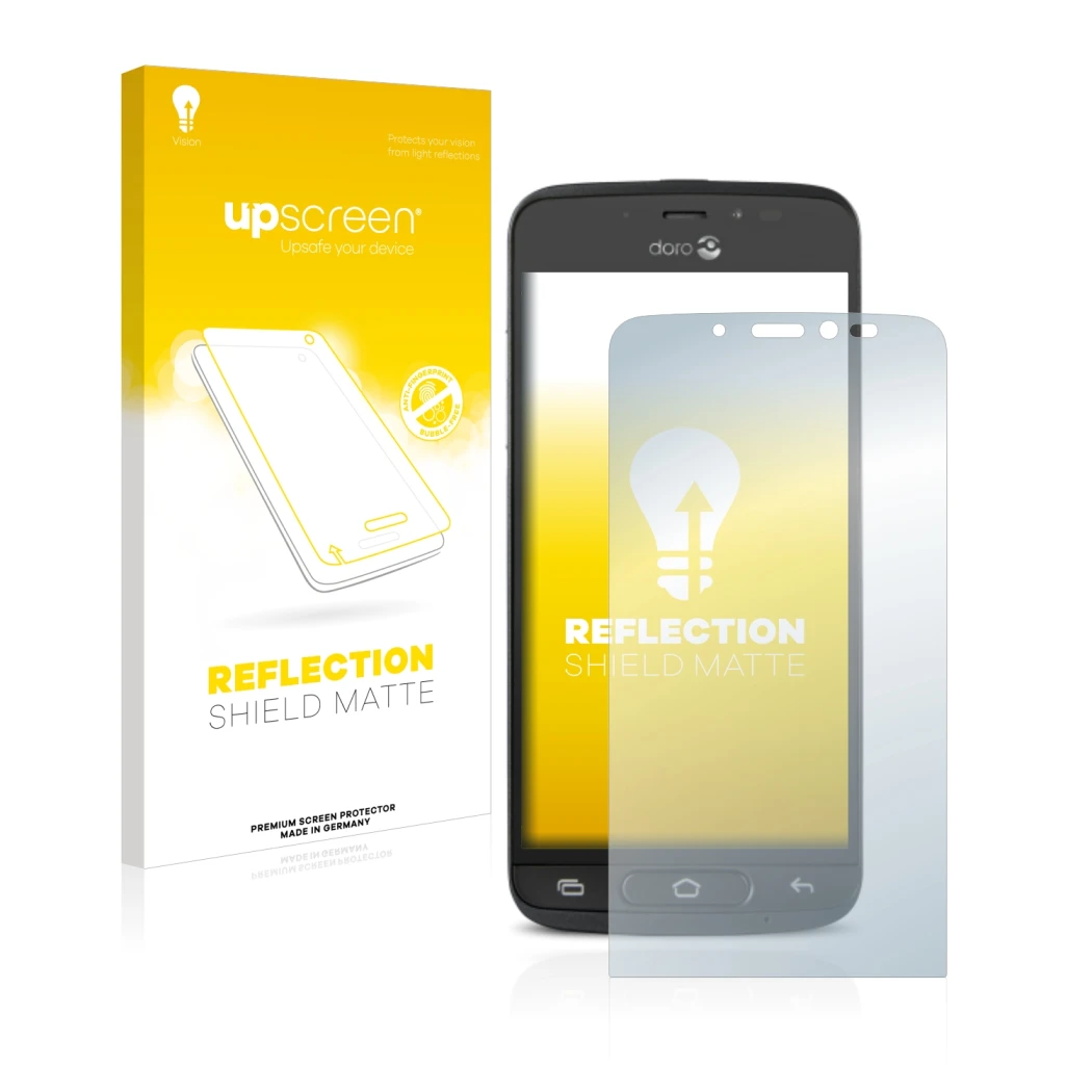 Face avant d’un emballage produit avec le logo de la marque upscreen. À côté, l’appareil Doro 8040 est représenté avec la prot