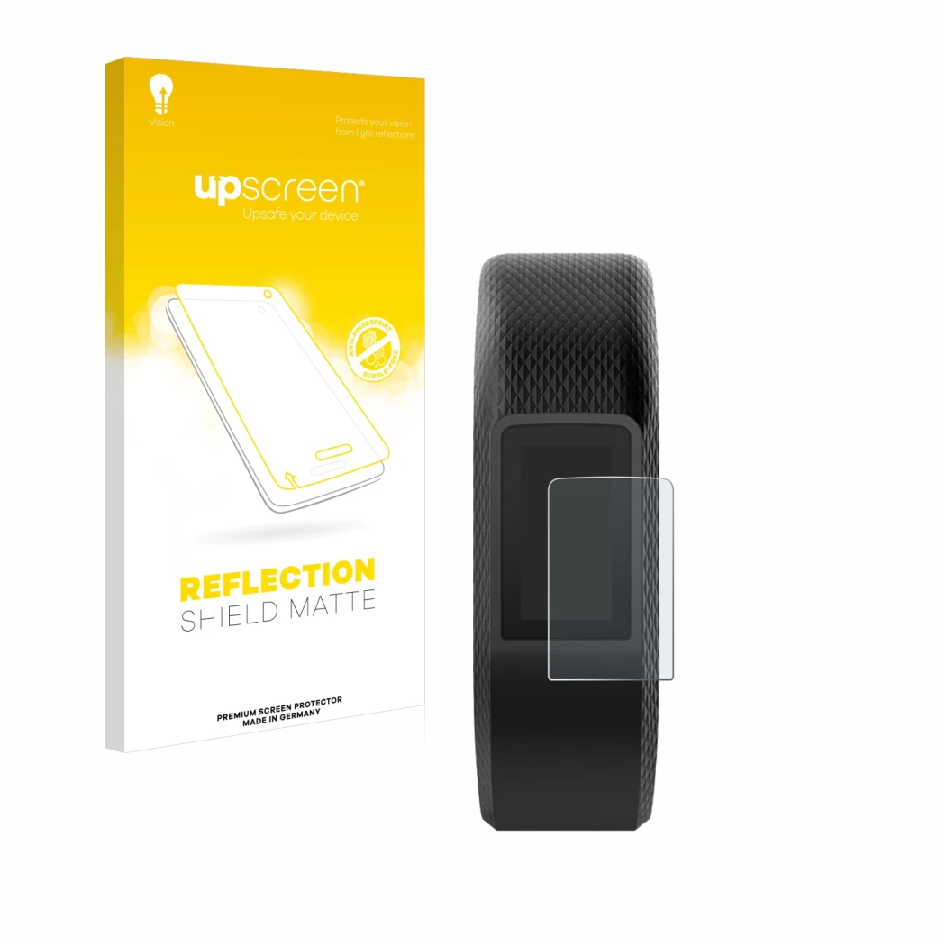 Face avant d’un emballage produit avec le logo de la marque upscreen. À côté, l’appareil Garmin Vivosport est représenté avec