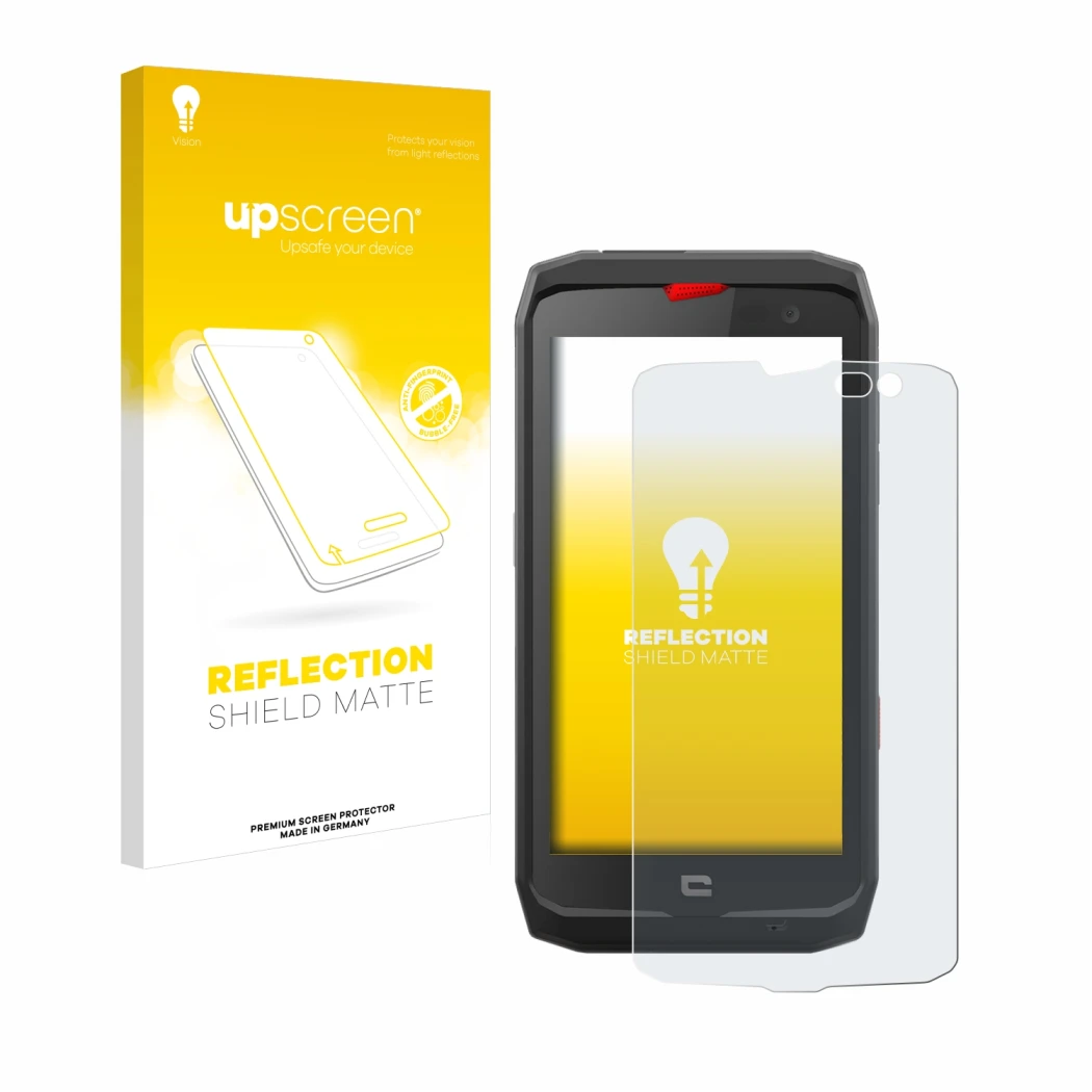 Face avant d’un emballage produit avec le logo de la marque upscreen. À côté, l’appareil Crosscall Action X3 est représenté av