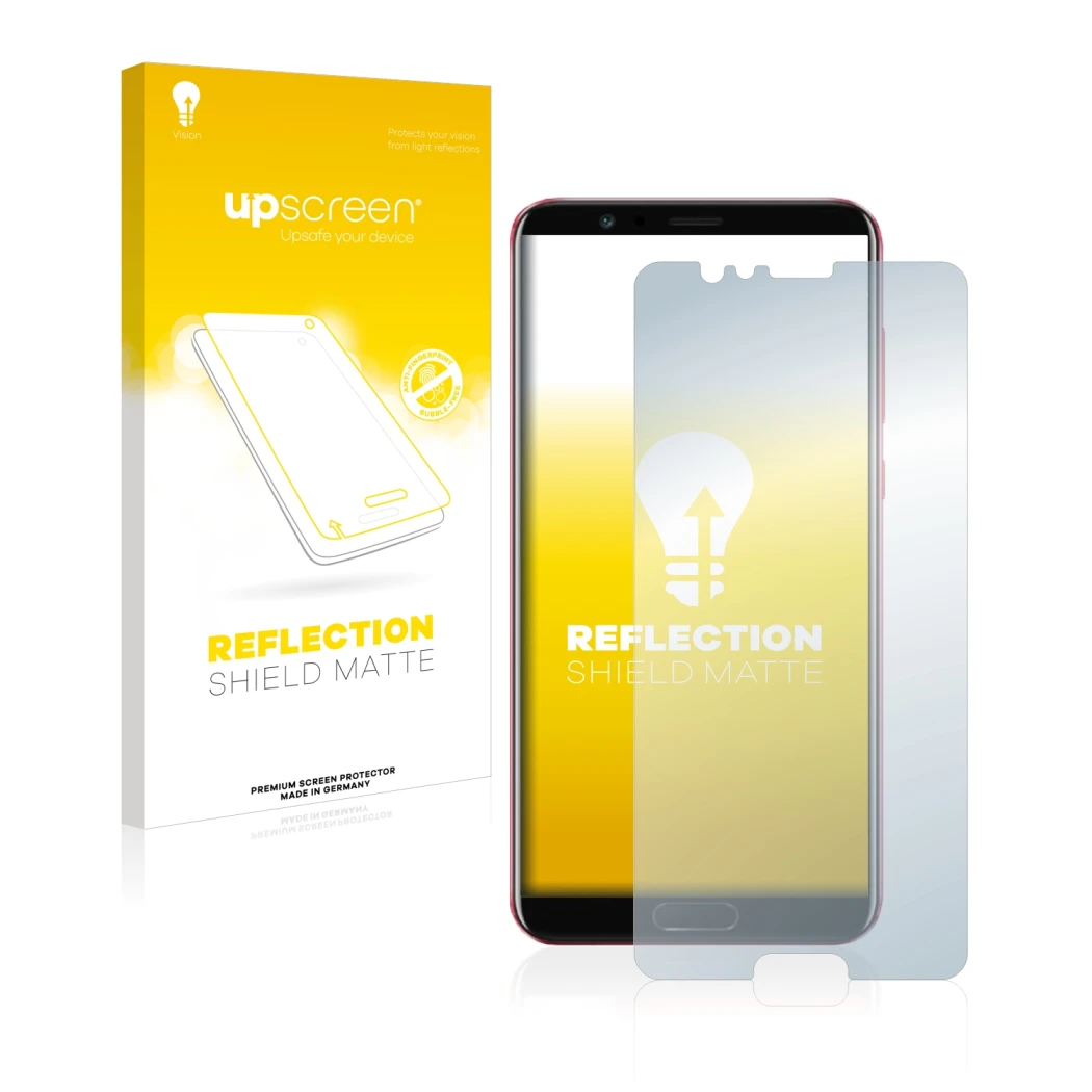 Face avant d’un emballage produit avec le logo de la marque upscreen. À côté, l’appareil Honor View 10 est représenté avec la 