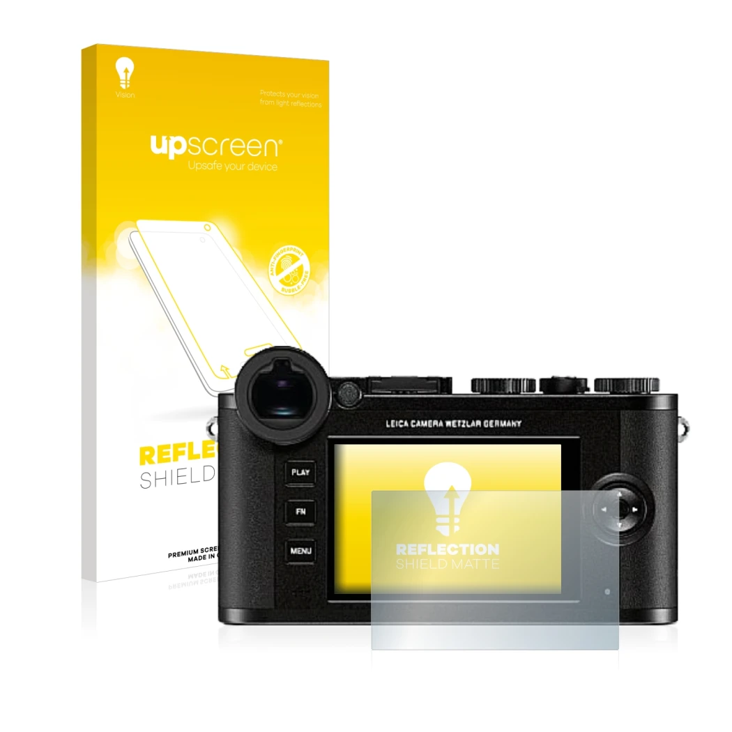 Face avant d’un emballage produit avec le logo de la marque upscreen. À côté, l’appareil Leica CL est représenté avec la prote
