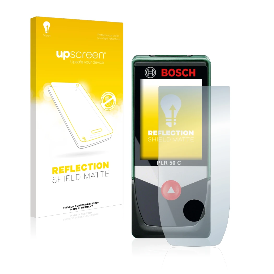 Face avant d’un emballage produit avec le logo de la marque upscreen. À côté, l’appareil Bosch PLR 50 C est représenté avec la