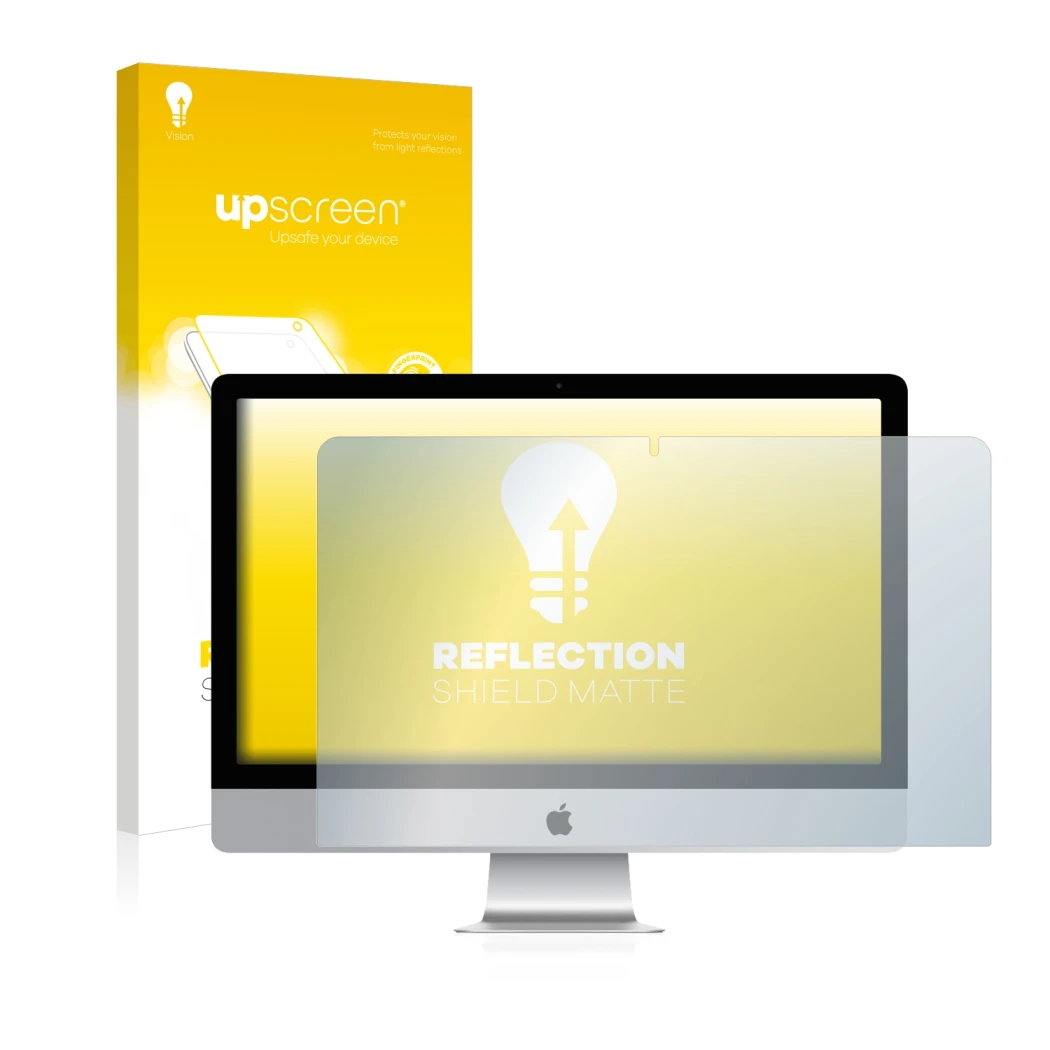 Face avant d’un emballage produit avec le logo de la marque upscreen. À côté, l’appareil Apple iMac 21.5