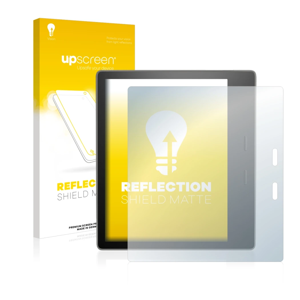 Face avant d’un emballage produit avec le logo de la marque upscreen. À côté, l’appareil Amazon Kindle Oasis 2017 (9ème Gen.) 