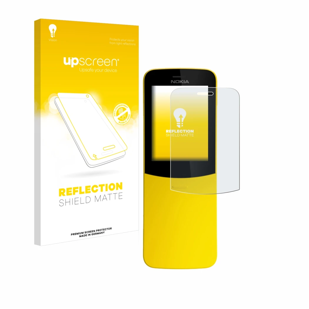 Face avant d’un emballage produit avec le logo de la marque upscreen. À côté, l’appareil Nokia 8110 est représenté avec la pro