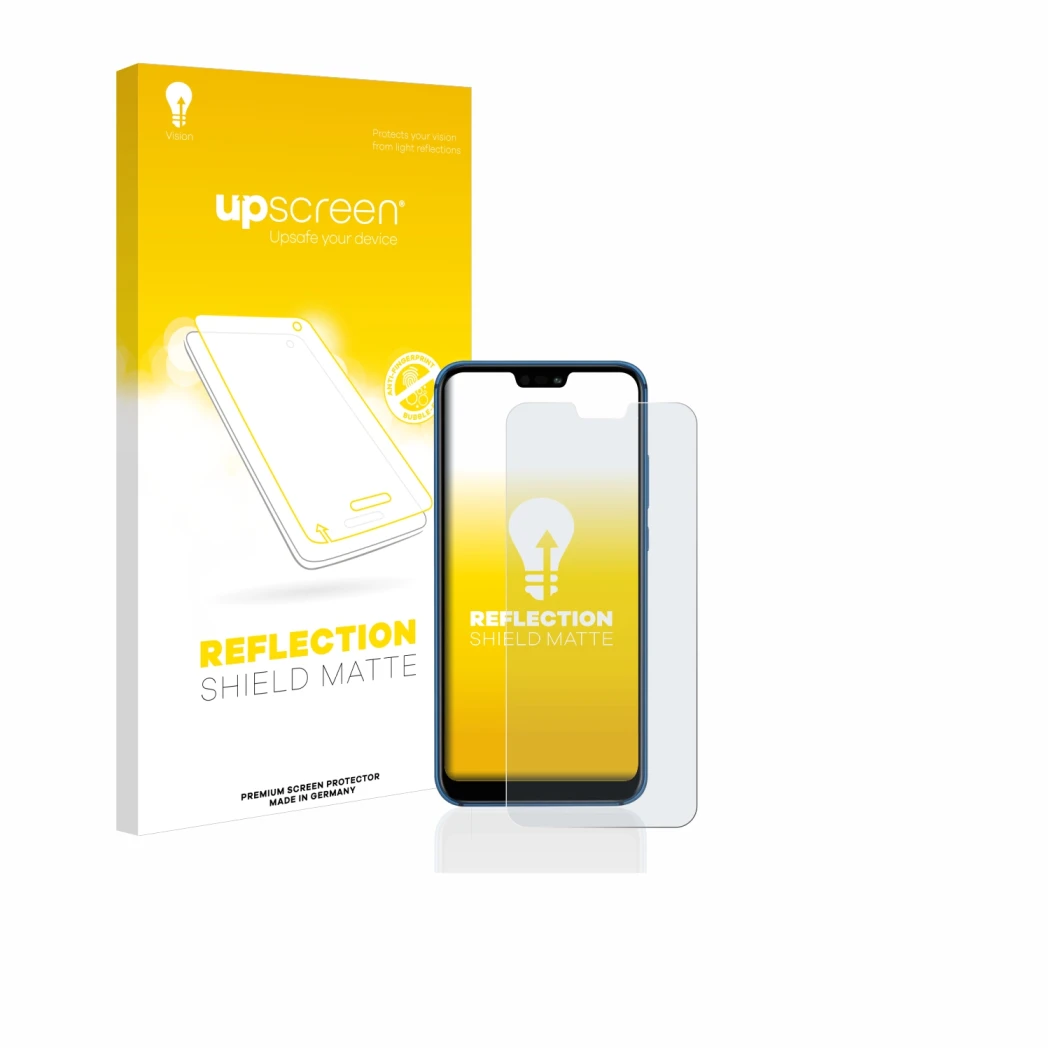 Face avant d’un emballage produit avec le logo de la marque upscreen. À côté, l’appareil Huawei P20 lite 2018 est représenté a