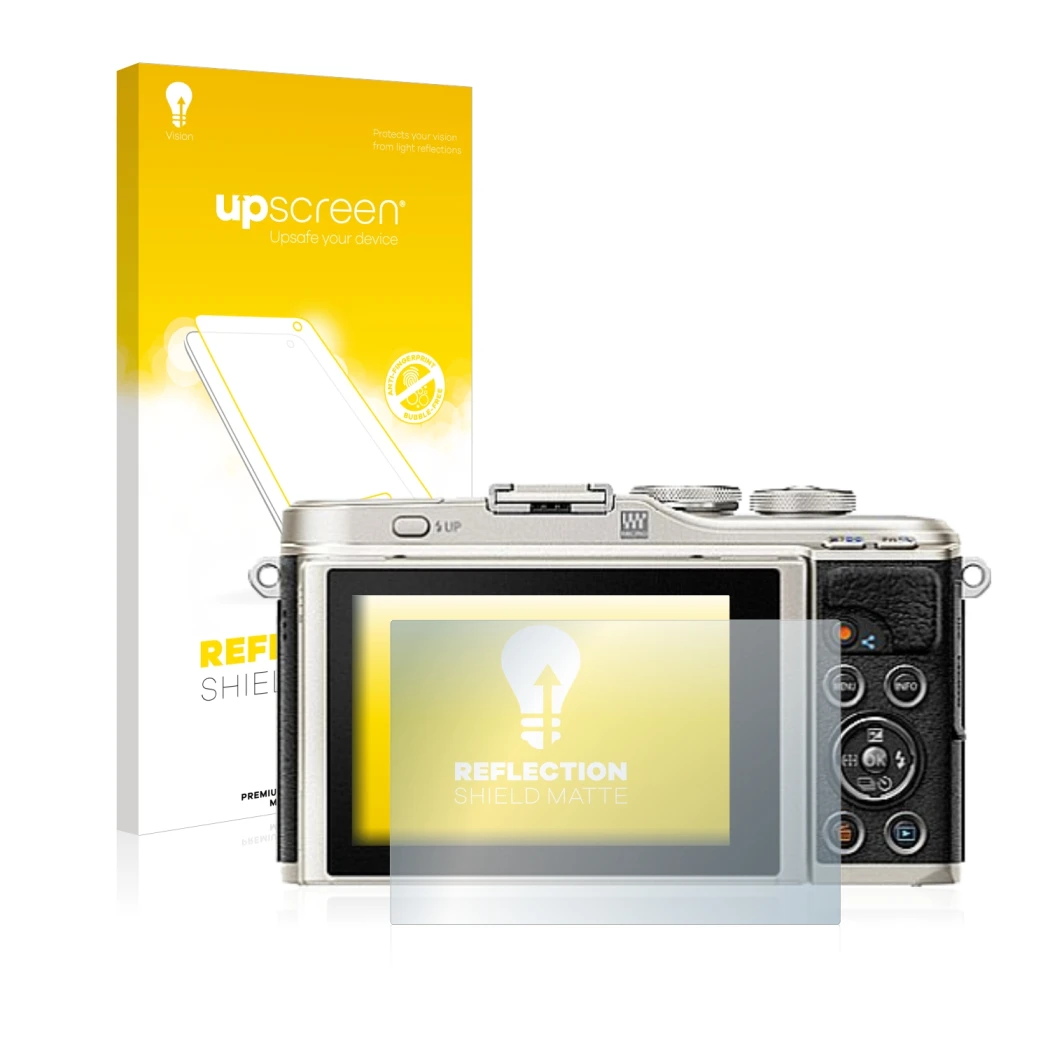 Face avant d’un emballage produit avec le logo de la marque upscreen. À côté, l’appareil Olympus PEN E-PL9 est représenté avec