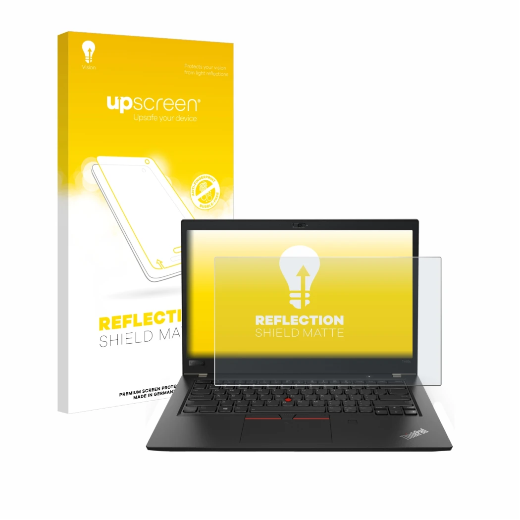 Face avant d’un emballage produit avec le logo de la marque upscreen. À côté, l’appareil Lenovo ThinkPad T480s est représenté 