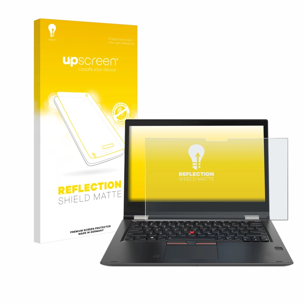 Face avant d’un emballage produit avec le logo de la marque upscreen. À côté, l’appareil Lenovo ThinkPad Yoga X380 est représe