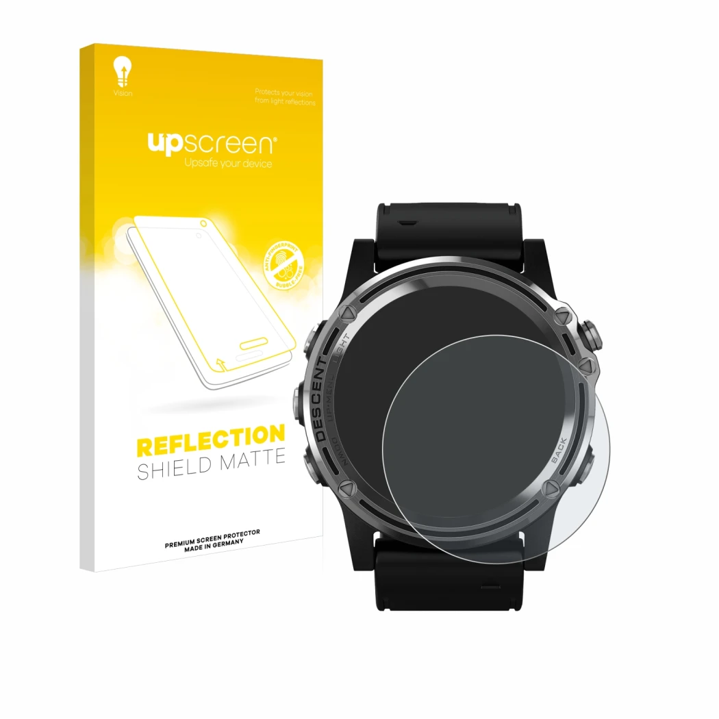 Face avant d’un emballage produit avec le logo de la marque upscreen. À côté, l’appareil Garmin Descent Mk1 est représenté ave