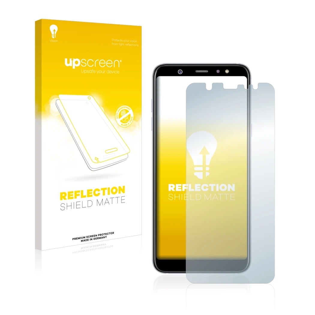 Face avant d’un emballage produit avec le logo de la marque upscreen. À côté, l’appareil Samsung Galaxy A6 Plus 2018 est repré