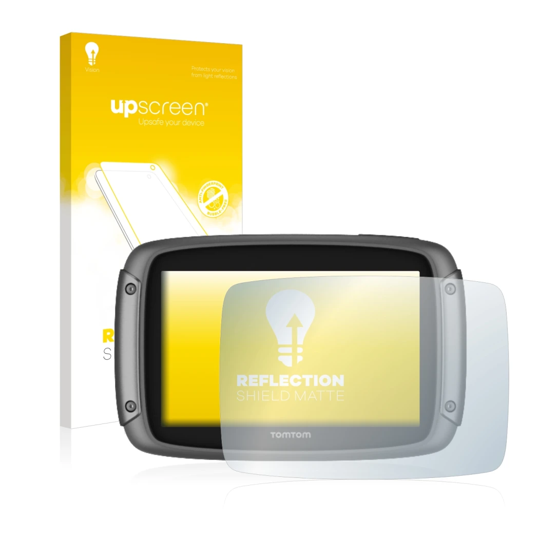 Face avant d’un emballage produit avec le logo de la marque upscreen. À côté, l’appareil TomTom Rider 500 est représenté avec