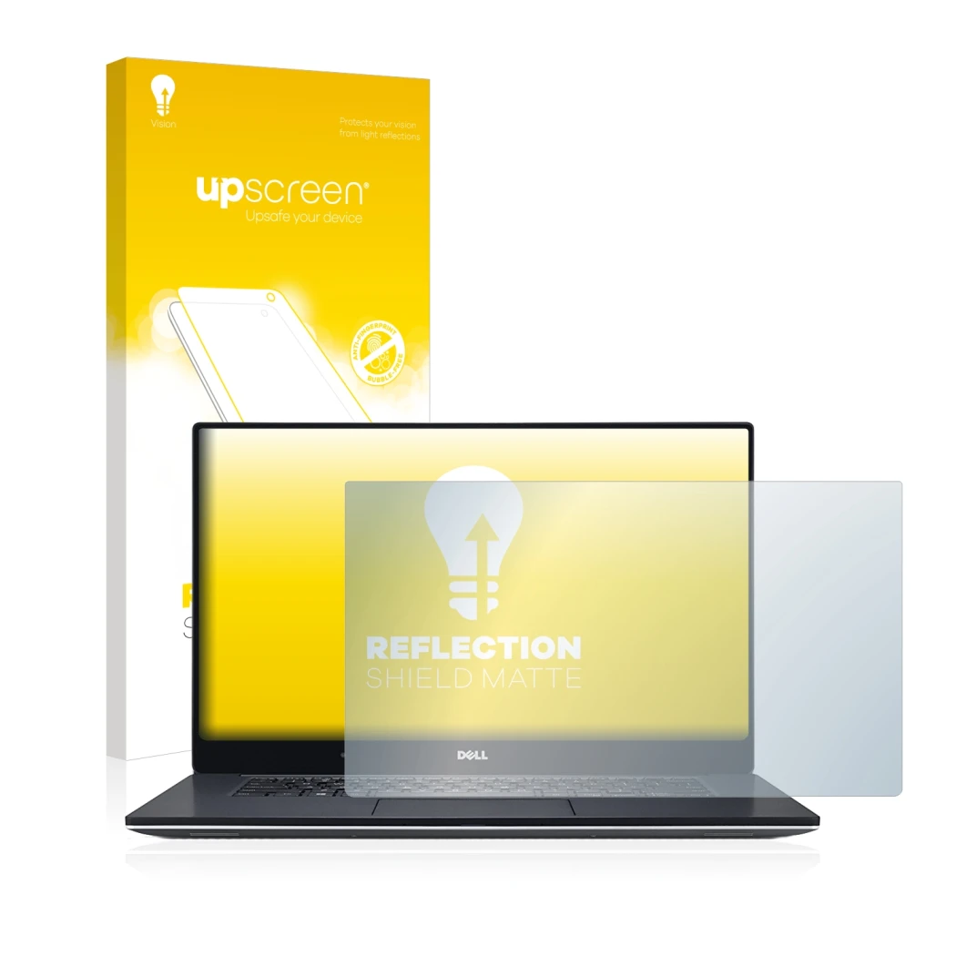 Face avant d’un emballage produit avec le logo de la marque upscreen. À côté, l’appareil Dell XPS 15 9560 est représenté avec