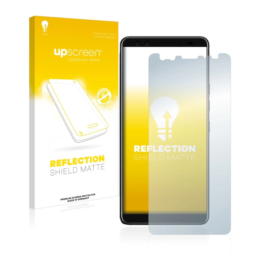 Face avant d’un emballage produit avec le logo de la marque upscreen. À côté, l’appareil HTC U12 Plus est représenté avec la p