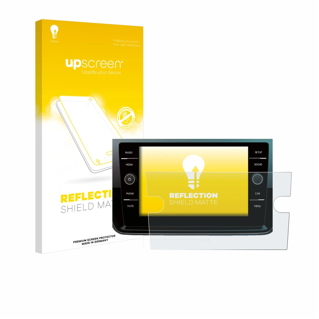 Face avant d’un emballage produit avec le logo de la marque upscreen. À côté, l’appareil Volkswagen Polo 2018 Composition Medi