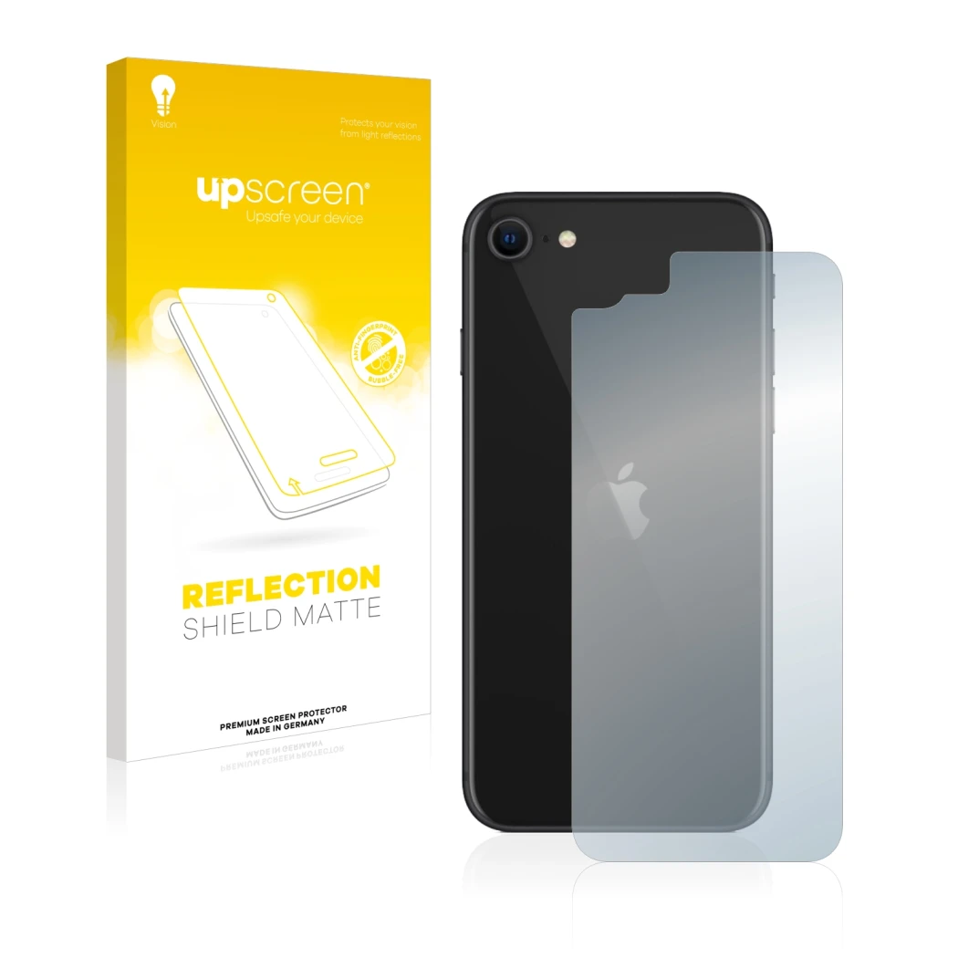 Face avant d’un emballage produit avec le logo de la marque upscreen. À côté, l’appareil Apple iPhone SE 2 2020 (Le dos) est r