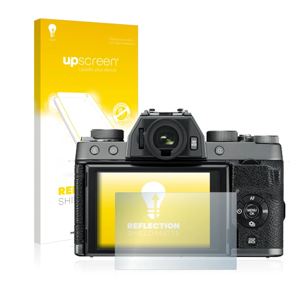 Face avant d’un emballage produit avec le logo de la marque upscreen. À côté, l’appareil Fujifilm X-T100 est représenté avec l