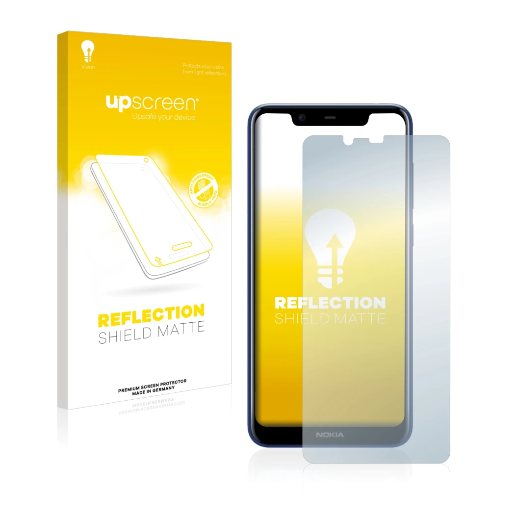 Face avant d’un emballage produit avec le logo de la marque upscreen. À côté, l’appareil Nokia 5.1 Plus 2018 est représenté av
