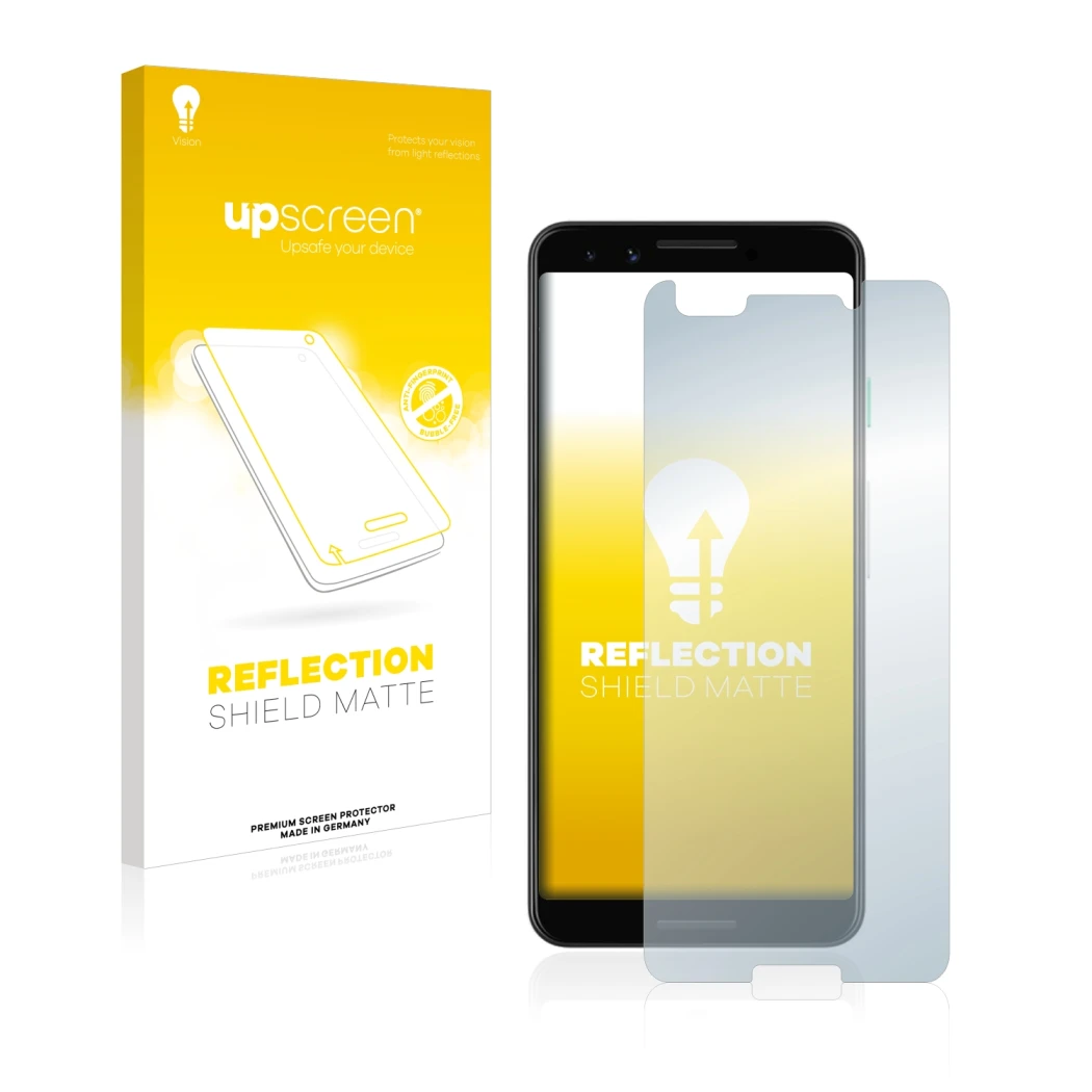 Face avant d’un emballage produit avec le logo de la marque upscreen. À côté, l’appareil Google Pixel 3 est représenté avec la